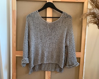 Grey knit cotton sweater - Hand Knit cotton women sweater - Loose cotton sweater  - Arm Knitting women pullover  - Loose natural women top