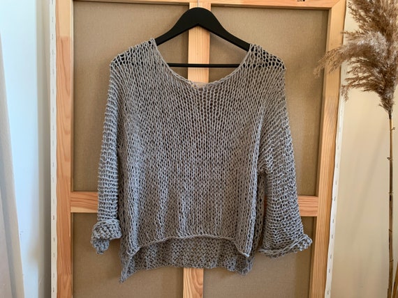 Grey Knit Cotton Sweater Hand Knit Cotton Women Sweater - Etsy