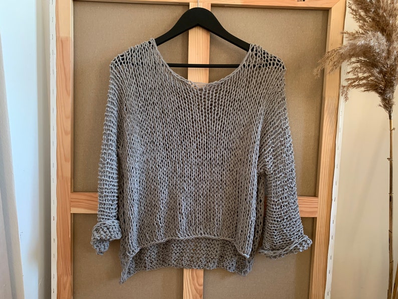 Grey knit cotton sweater Hand Knit cotton women sweater Loose cotton sweater Arm Knitting women pullover Loose natural women top image 1