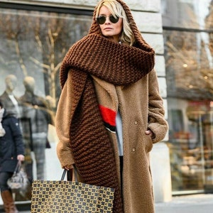 Brown Long huge wool scarf - arm knit wool scarf - long knit scarf 2 meters scarf Chunky knit wool scarf