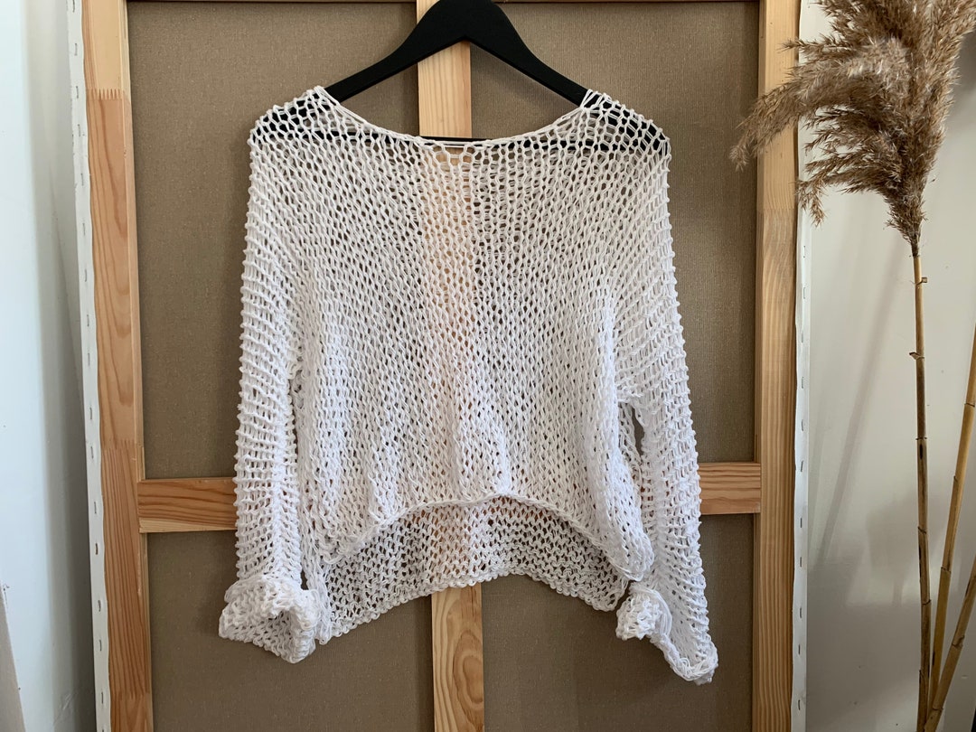 White Knit Cotton Sweater - Hand Knit Cotton Women Sweater - Loose