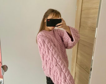 Pink Women’s powder color pullover hand knit women’s wool oversized sweater 100% wool handmade PRE-ORDER