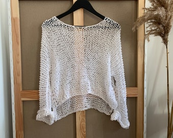 White knit cotton top Hand Knit cotton top Summer cotton top  Mesh white sweater See through top Loose white fishnet top