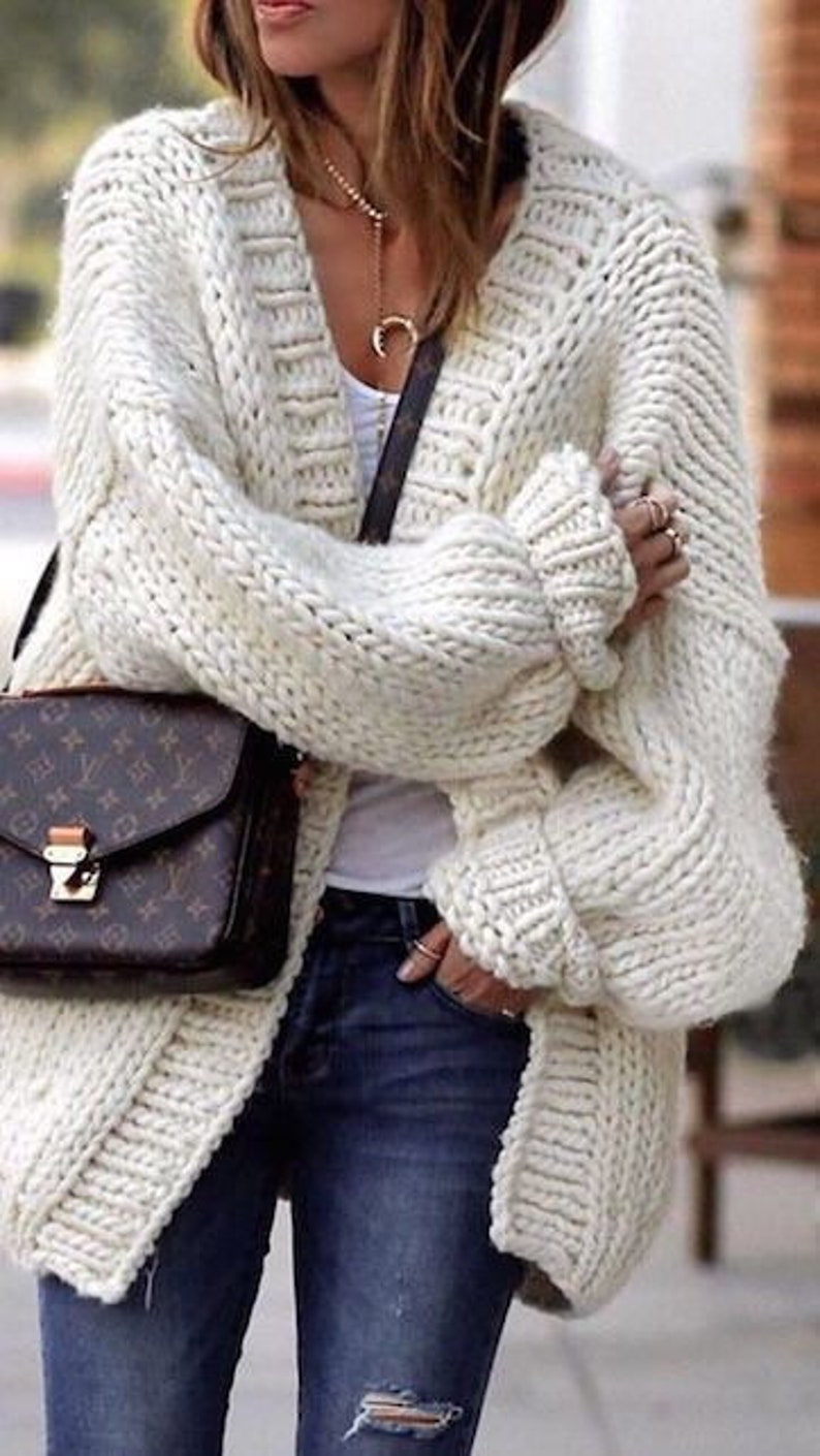 White 100 wool chunky Cardigan Long Merino Yarn Cardigan Etsy