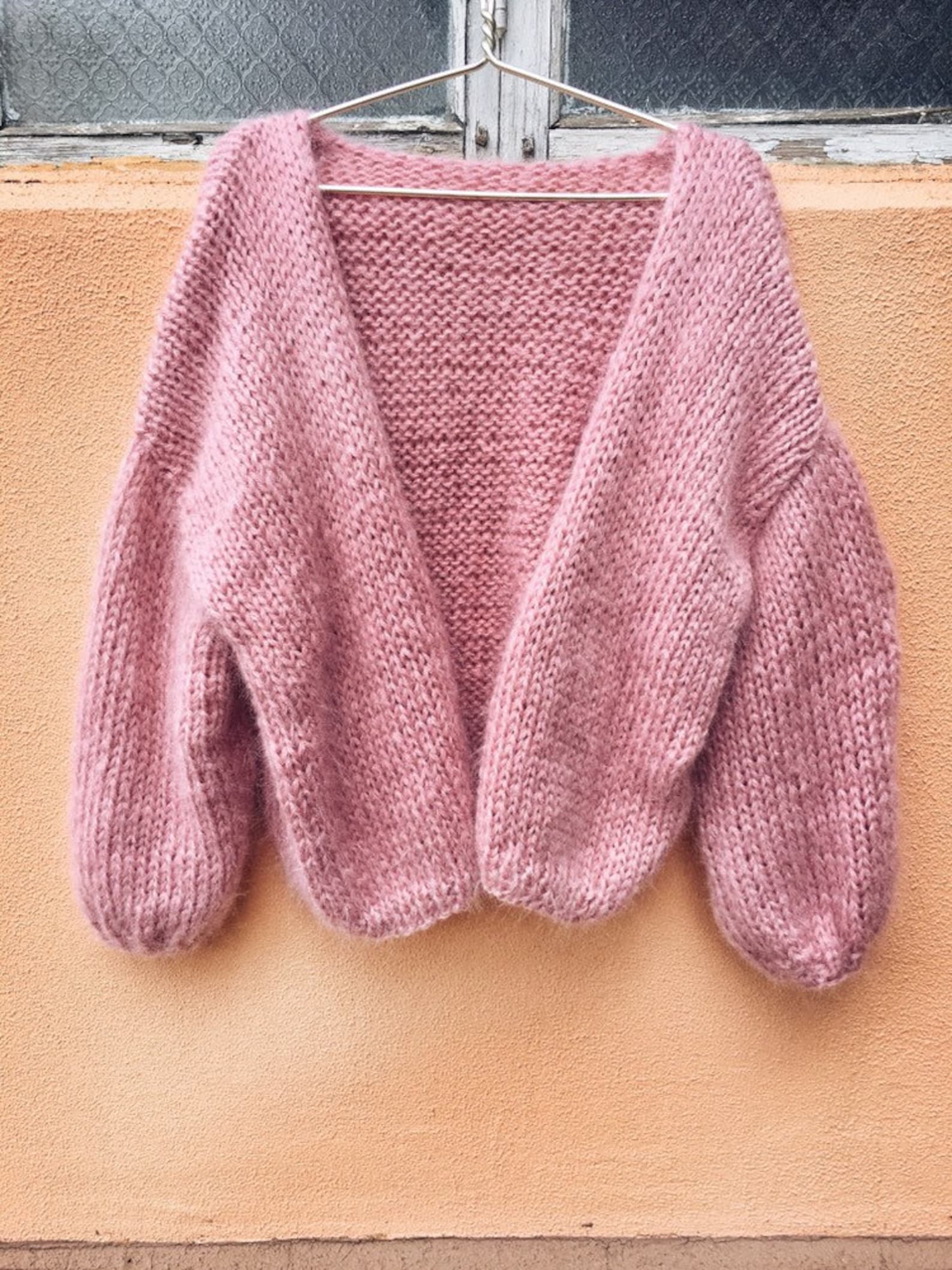 Pink Mohair Cardigan Hand Knit Women Cardigan Angora Wool Cardigan Arm