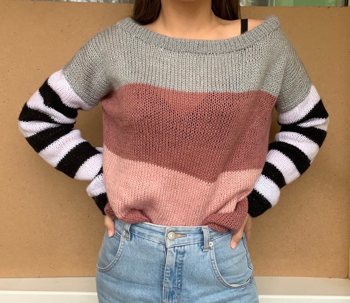 Striped Arm Knit Sweater Hand Knit Color Set Women Sweater Etsy