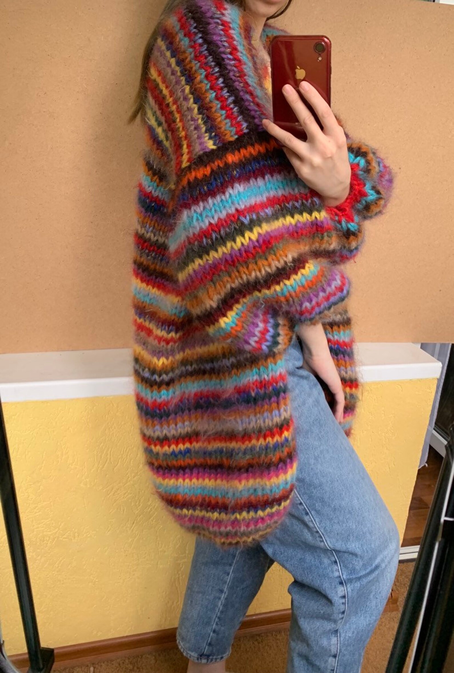 Contrasting rainbow paneled striped long cardigan sweater with pockets main image 0