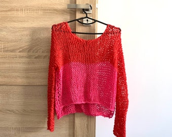 Fishnet loose top Pink and red beach cotton top  sloppy knit top lax cotton top