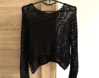 Black fishnet top arm knit cotton sweater