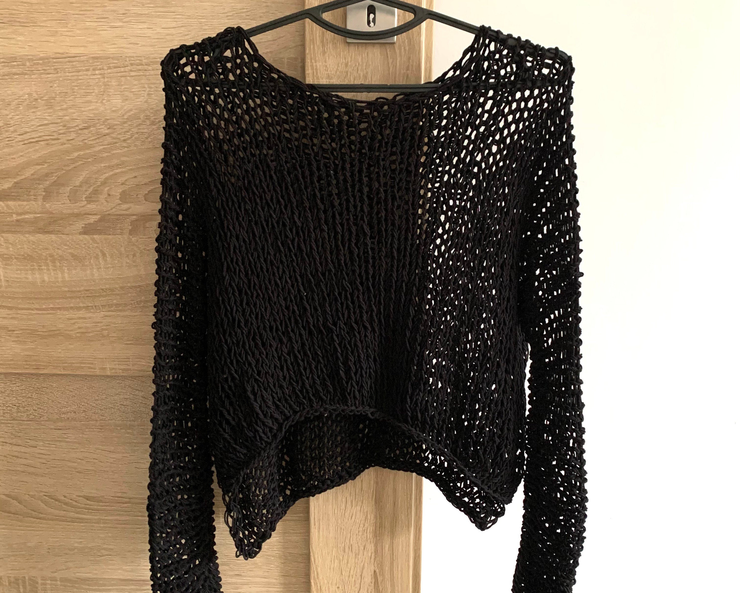 Black Fishnet Top Arm Knit Cotton Sweater - Etsy Norway