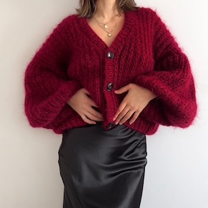 Bordeaux handmade mohair cardigan Knit mohair vest baloon sleeves sweater Kid mohair yarn cardigan with buttons chunky mohair  cardigan
