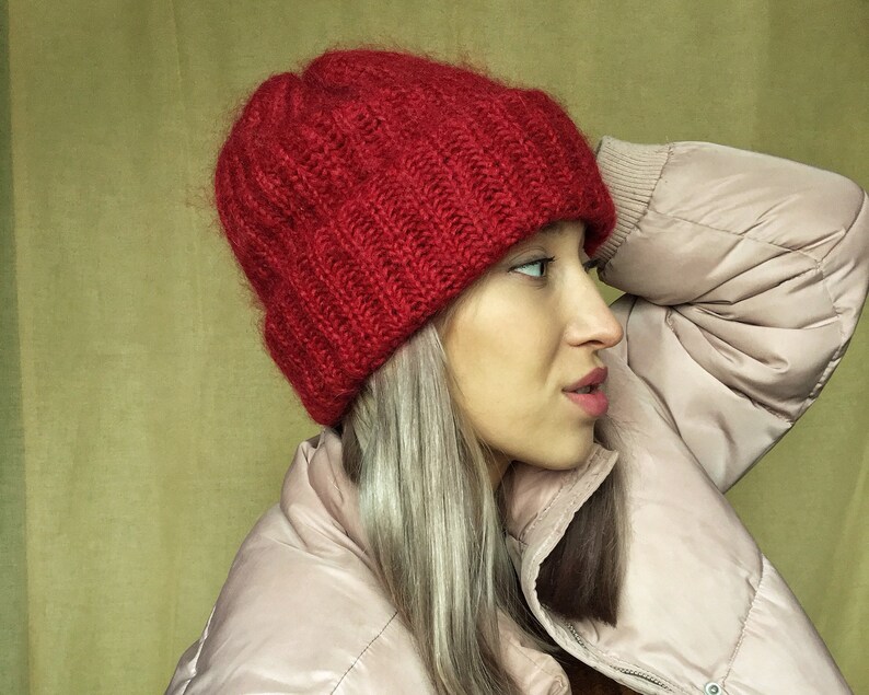 Pink Mohair Beanie Hand Knit Beanie Wool Beanie Arm Etsy