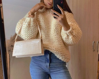 White chunky sweater Oversized women sweater - white knit sweater - handmade wool sweater Knit sweater Wool Pullover Warm