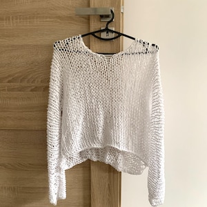 Loose cotton sweater White knit cotton sweater Hand Knit cotton women sweater Arm Knitting women pullover  - Loose natural women top