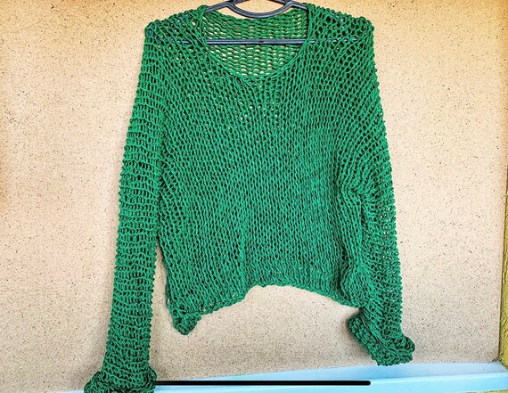 Green hand knit cotton top Loose women summer top Foshnet | Etsy