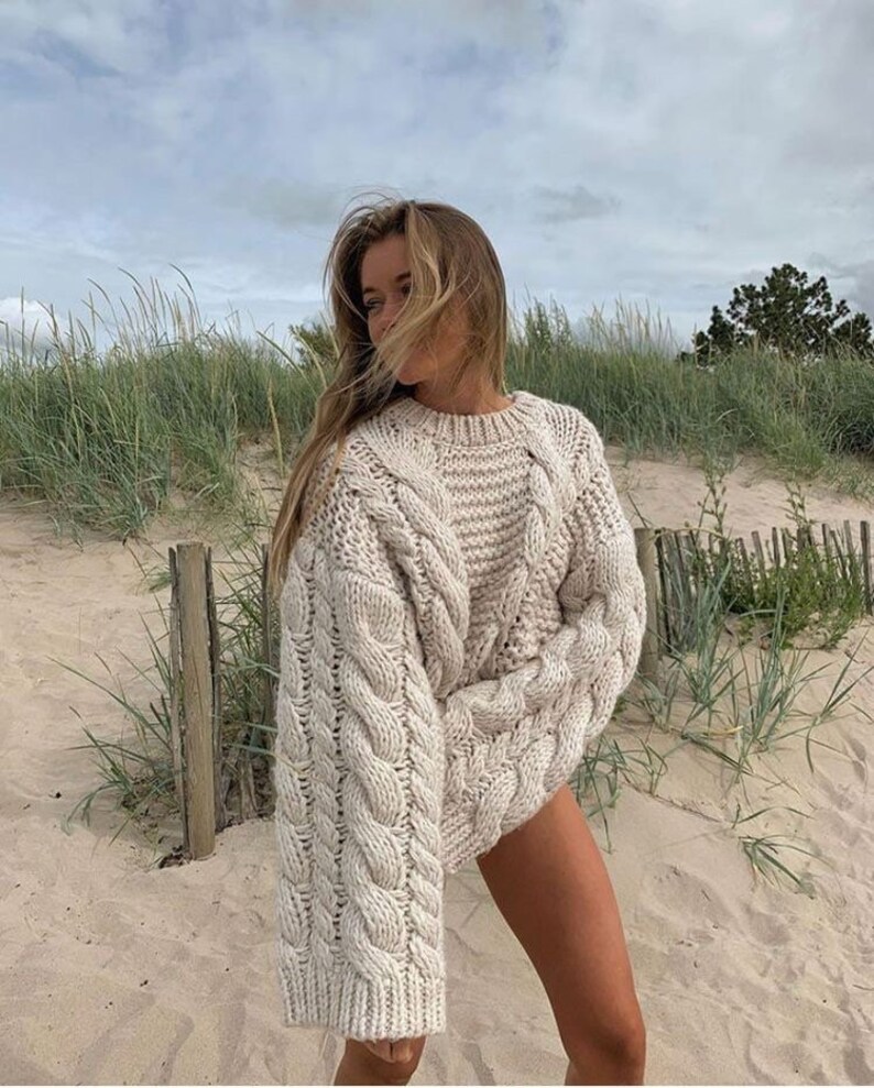 Beige Chunky Knit Pullover Hand Knit Womens Wool Oversized - Etsy
