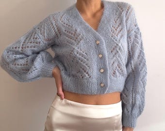 Blue Cropped Mohair Sweater Short Fuzzy Mohair Pullover by