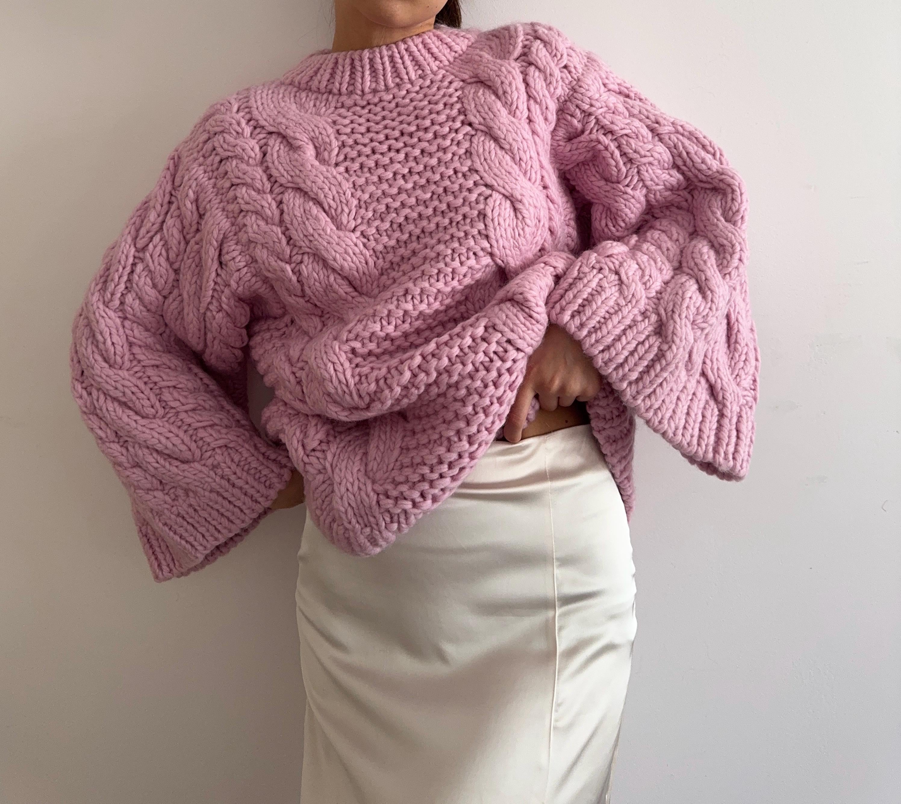 Pink cable knot swetaer  pullover hand knit women’s wool oversized sweater 100% merino wool handmade