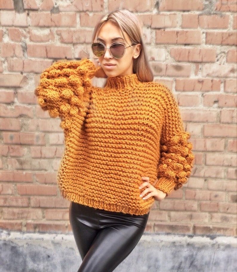 Bobble sweater Chunky arm knit sweater Yellow sweater Etsy
