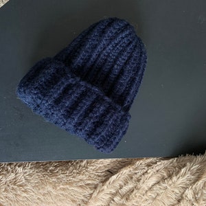 Navy Beanie ready to ship Wool Beanie Arm Knitting hat Hand knit oversized beanie image 3