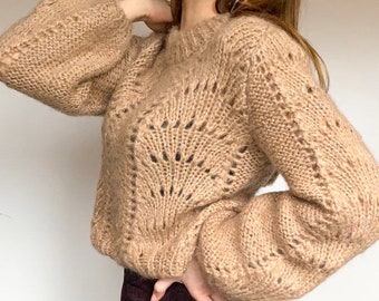 Hand knit beige mohair women’s sweater Ready to ship