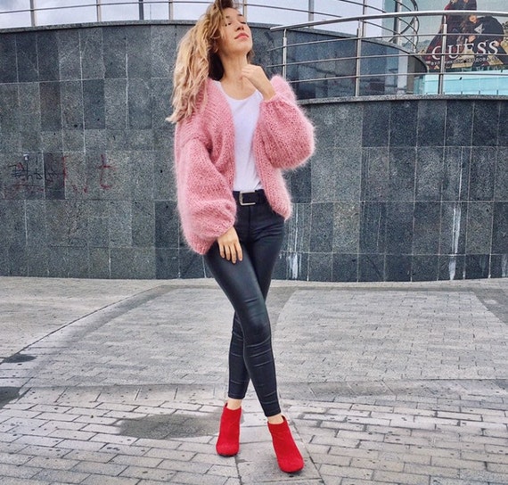 Pink Mohair Cardigan - Hand Knit Women Cardigan - Angora Pink Mohair Cardigan - Hand Knit Women Cardigan - Angora