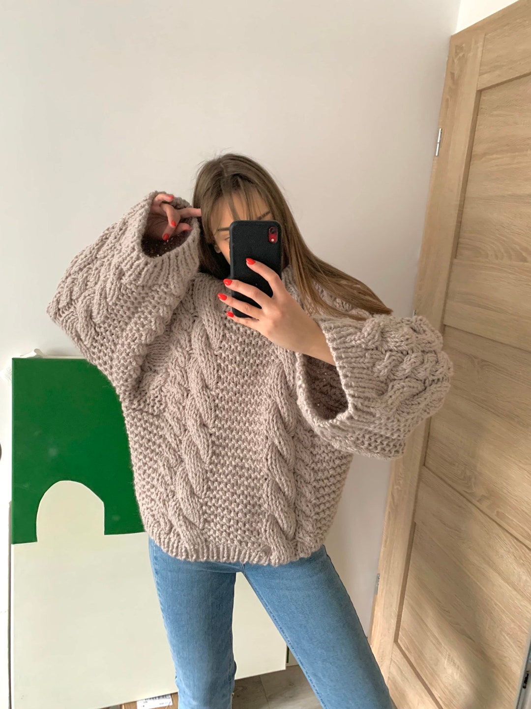 Beige Wool 100% Oversized Knit Sweater Top