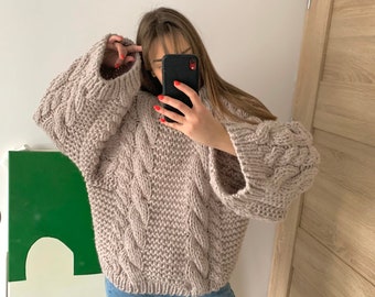 Beige chunky knit pullover hand knit women’s wool oversized sweater 100% wool handmade PRE-ORDER