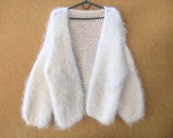 White Mohair cardigan - Hand Knit women cardigan - Wool cardigan - Arm Knitting women jaket - Oversize Mohair cardigan - Mohair jaket