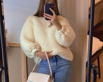 White chunky sweater Oversized women sweater - white knit sweater - handmade wool sweater Knit sweater Wool Pullover Warm