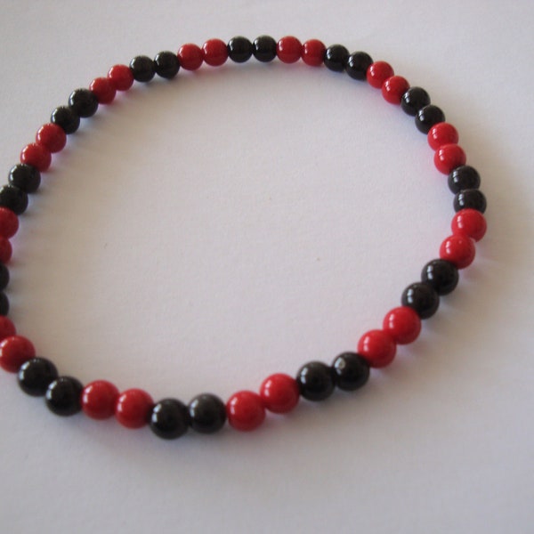 bracelet corail rouge et obsidienne noir brillant, perle 4 mm taille élastique, pierre semi précieuse