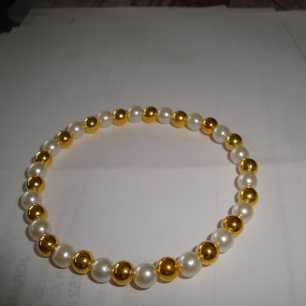 bracelet perle nacrée 6 mm, perle couleur or 18K 6 mm, taille élastique