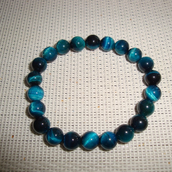 bracelet unisexe taille élastique, perle oeil du tigre bleu clair, pierre 8 mm semi précieuse