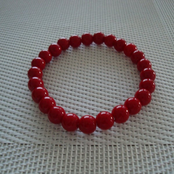 bracelet rouge corail taille élastique perle ronde 8 mm, bracelet unisexe, perle d'imitation