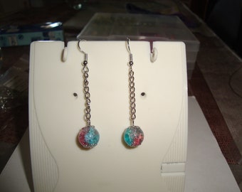 dangling earring, round glass bead 1 cm light blue and cracked pink, silver hook, nickel free