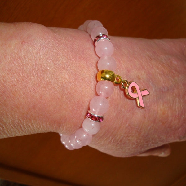 bracelet symbole ruban rose, taille élastique perle quartz rose, pierre naturelle, strass rose