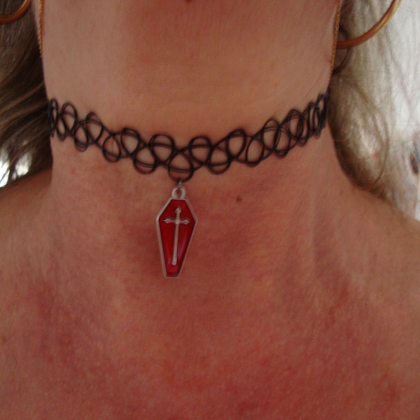 elastic nylon tattoo choker, year 90 special halloween coffin pendant