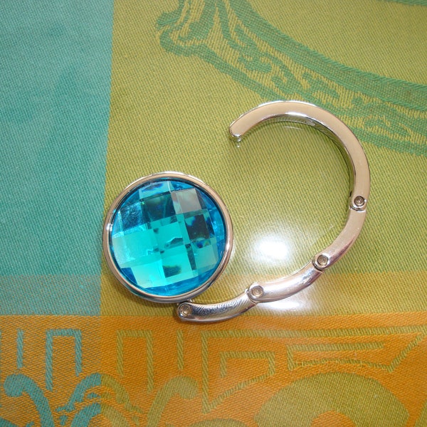 suspension bijou argenté pour sac à main, antidérapant, muni d'un cabochon en verre à facette de couleur bleu turquoise