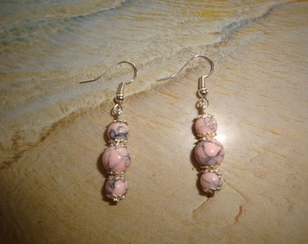 dangling pink howlite earring, nickel-free silver hook