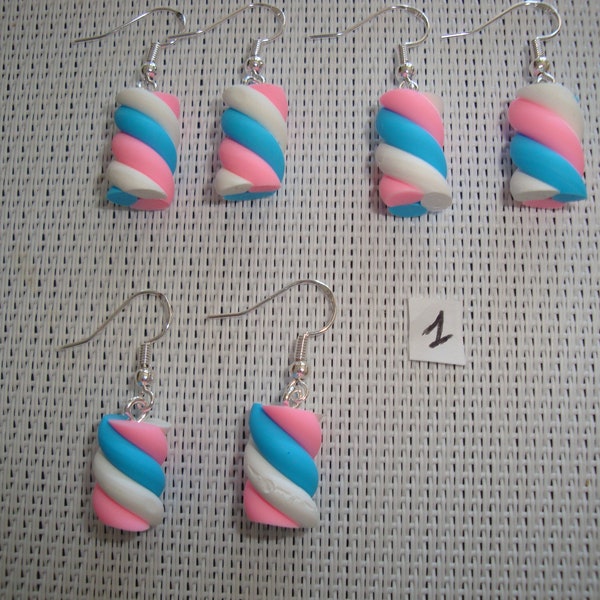 boucle d'oreille bonbon guimauve torsadé fimo, crochet  argent 925, différentes couleurs