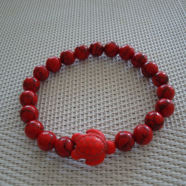 bracelet howlite rouge, perles 8mm, unisexe taille élastique tortue howlite pierre fine,