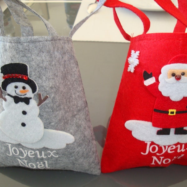 pochette cadeau noel 100% polyester, père noel ou bonhomme de neige