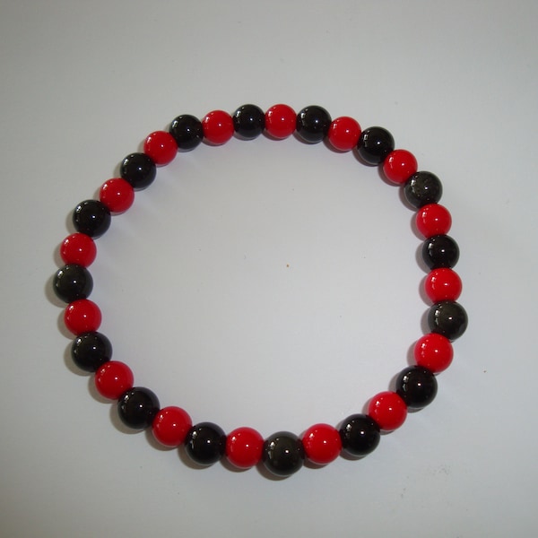 bracelet rouge corail et obsidienne noir brillant, taille élastique, perle semi précieuse 6 mm