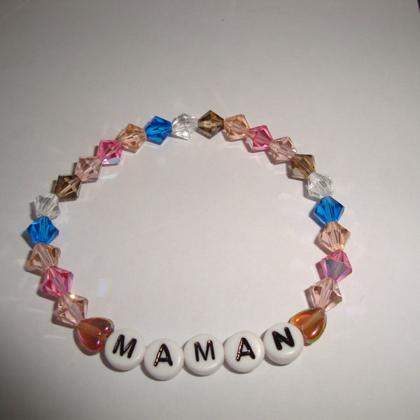 bracelet perle de cristal Swarovski inscription MAMAN, perle toupie 6 mm, taille élastique