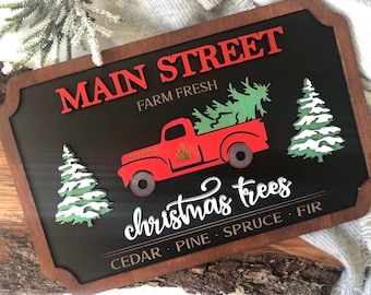 Main Street Christmas Tree Farm wooden sign, Mickey Christmas tree sign, castle Christmas truck