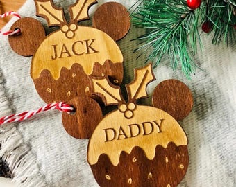 Mickey Mouse Christmas Pudding Present Wooden Name Tag