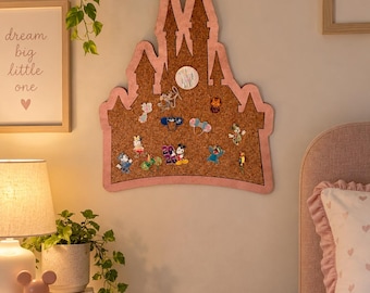 Castle wooden pinboard, Disney cork board for pins and badge.