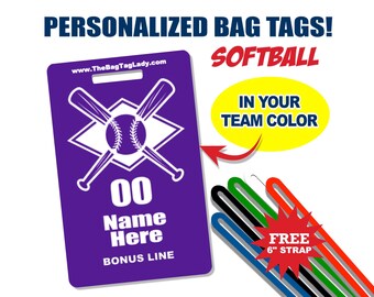 SOFTBALL Bag Tag • Personalized • Player Name • Jersey Number • Team Name • Made to Order • Athlete • Coach • Luggage, Backpacks, Gear Bags