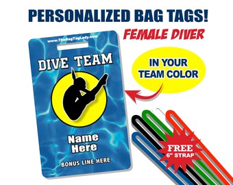 DIVE TEAM Bag Tag • Personalized • Female Diver • PVC • Durable • Waterproof • Made to Order • Luggage, Backpacks, Gear Bags