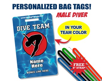 DIVE TEAM Bag Tag • Personalized • Male Diver • PVC • Durable • Waterproof • Made to Order • Luggage, Backpacks, Gear Bags